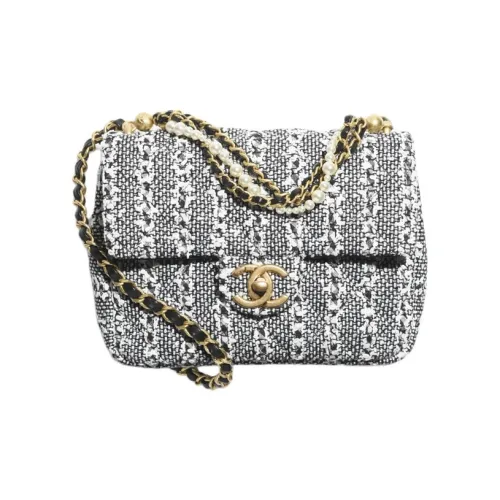 CHANEL Twill Soft Woolen Artificial Pearl Flap Bag Crossbody Mini Women's White Black Silver