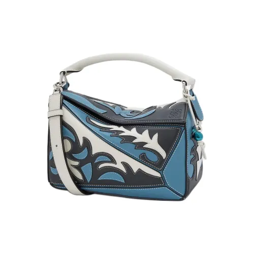 LOEWE Пазл Классический Корова Кожа Сумка через плечо Сумка Маленькая Женская Черная и Светло-Синяя