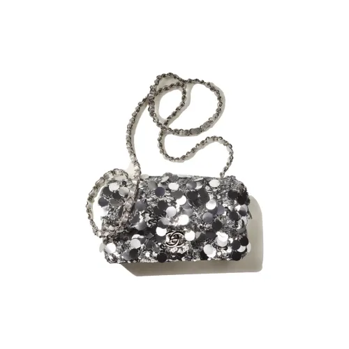 CHANEL Блестки Flap Bag Сумка через плечо Мини Women's Silver