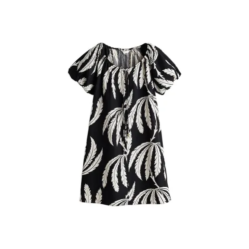 H&M Черное/Лист Цветочный Женские Короткие Платья с Рукавами