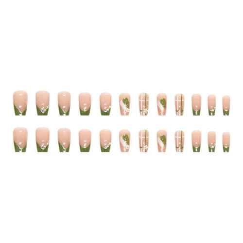 XUNQIANSE Свежий Естественный Зеленый Французский Диамантовый Стиль Патч для Ногтей False Nail Средний ЛАДДЕР Зеленый Смужка Flashing 24 Упаковка