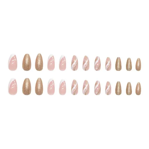 XUNQIANSE Almond French Ripple Glitter Pattern Наклеивающийся Ногтевой Патч False Nail Овальный Розовый Смужка Flashing 24 шт