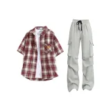 Red Plaid + Light Khaki Pants  
Красная клетка + светлые хаки штаны