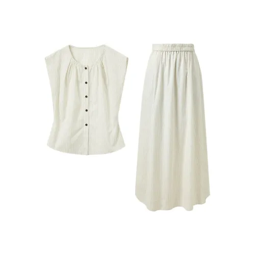 3COLOUR Набор одежды: топ с полосками экрю + юбка, повседневный женский костюм