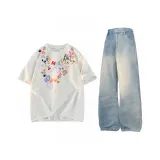 Комплект одежды (Белый Серый Топ + Винтажные Синие Штаны)