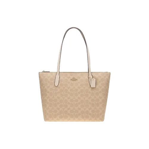 COACH Zip Top Tote Сумка из искусственной кожи Сумка для покупок Сумка Сумка через плечо Средняя Женская Бежевая