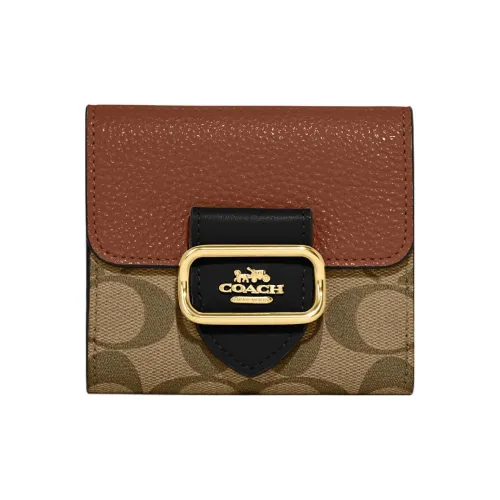 COACH Canvas с кожаными вставками держатель для карт кошелек маленький женский хаки и коричневый