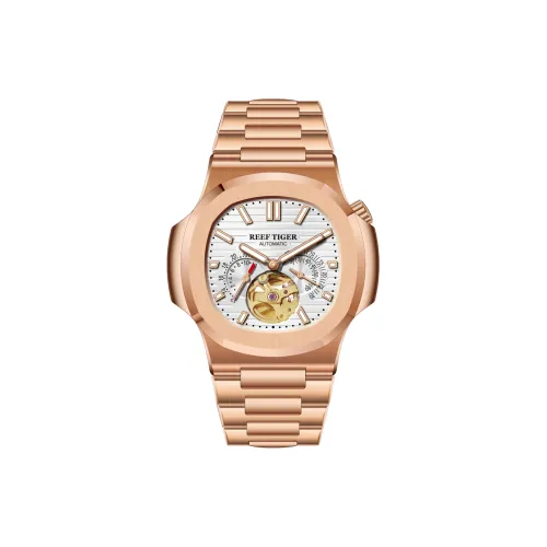 REEF TIGER Автоматический Механический Механизм Стальной Ремешок Часы Мужские Белый Циферблат