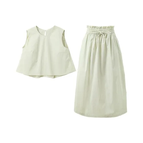 3COLOUR Комплект Светло-Серый Зеленый Топ+Юбка Женские Повседневные Костюмы