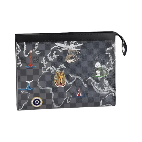 LOUIS VUITTON Pochette Voyage Canvas Leather Clutch Regular Men's Black