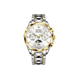 Стальной ремешок с белым циферблатом.