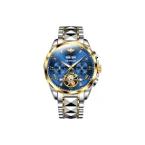 Стальной ремешок, синий циферблат.