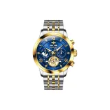 Стальной ремешок, синий циферблат.