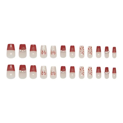 XUNQIANSE Firework Flash Pearl Bowknot Cat Eye Фальшивая пластина для ногтей Patch False Nail Овальный Красный Смоки Французский 24 шт