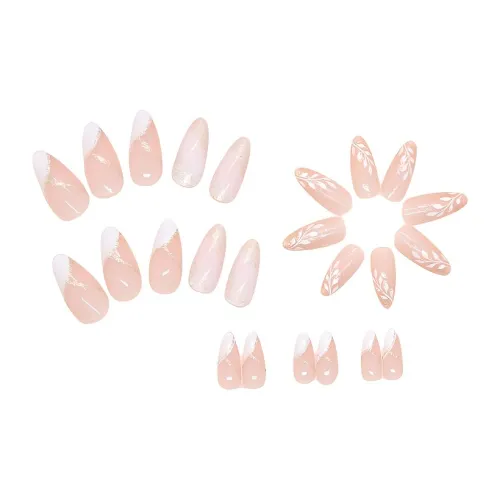 XUNQIANSE Western Style Instagram Style Shimmer HAND DRAWN Leaf Fake Nail Patch False Nail Oval Pink Gradient Flashing 24 Pack