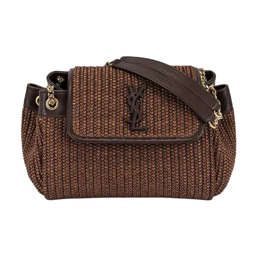 SAINT LAURENT Nolita Вязаные ткани Raffia с кожаными вставками Сумка с цепочкой Сумка через плечо Сумка на плечо Маленькая Женская Коричневая