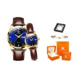 Коричневая кожа, золотой корпус, синий циферблат.