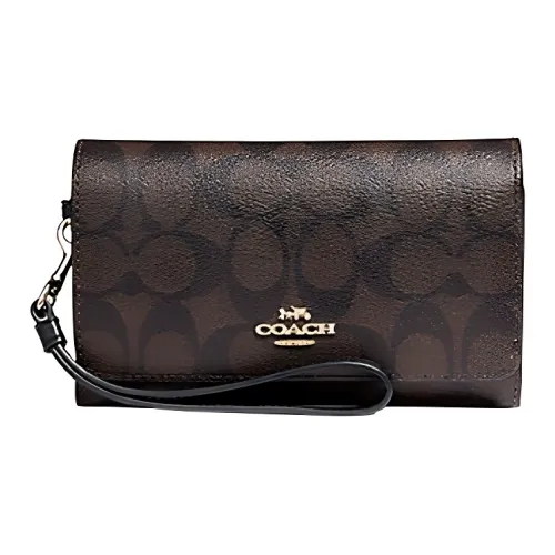 COACH Canvas с кожаными вставками кошелек чехол для телефона маленький женский темно-коричневый