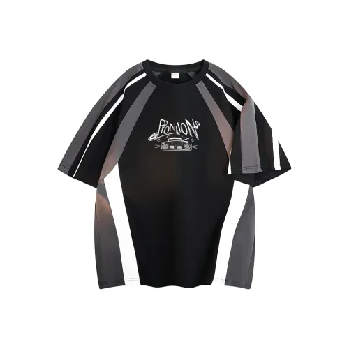 Tonlion Мужской Свободный крой Короткий рукав Модный Уличный Стритвир Белый и Черный T-рубашка Унисекс