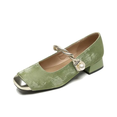 WEISHIBANGWEI Грубый каблук Туфли Мэри Джейн Женские Зеленый