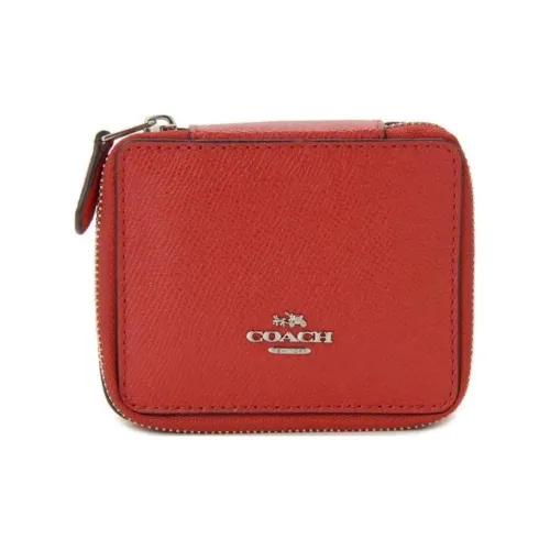 COACH Ювелирные украшения Bo Крестообразная текстура Кожа Шкатулка для украшений Хранение Коробка Makeup Bag Мини Женские Ярко-красный Серебряный Застежки-молнии