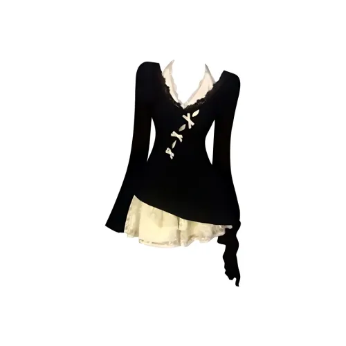 Lookinto Комплект с юбкой Женские Черный [Кардиган + Абрикосовое платье]