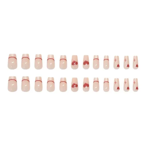 XUNQIANSE Сердце Укороченный Балет Наклейки для Ногтей Искусственные Ногти Овал Розовый Смужка Французский 24 Упаковка