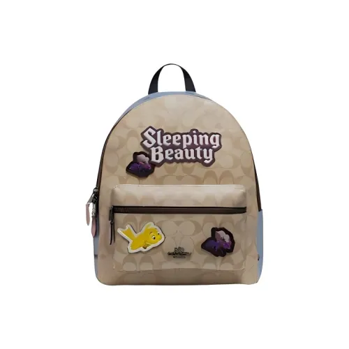 COACH 27 Disney Sleeping Beauty Коллаборация Charlie Холст с кожей Рюкзак Большой Женские Светлый хаки