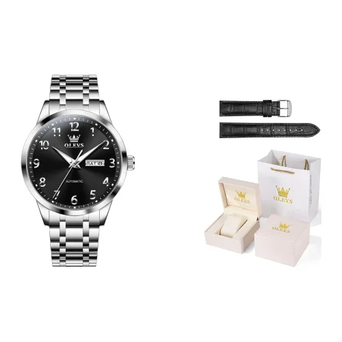 OLEVS Механический механизм ремешок из нержавеющей стали черный циферблат мужские часы