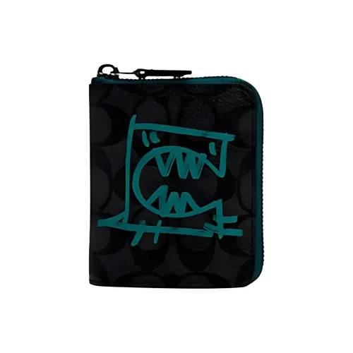 COACH Guang YU Коллаборация Zip Around Покрытый холст с телячьей кожей Кошелек для монет Кошелек Мини Мужской Угольный синий Зеленый