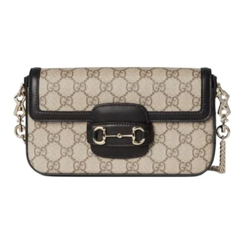 GUCCI Horsebit 1955 Кожа Отделка Плечевая Сумка Мини Женская Бежевая и Темно-Коричневая