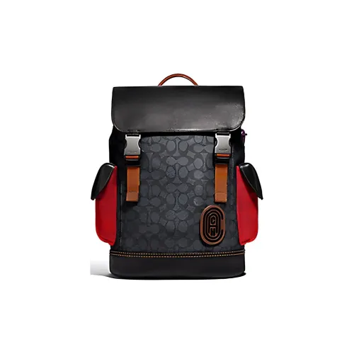 COACH Canvas Кожа Рюкзак Большой Мужской Черный Красный и Многоцветный