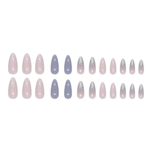 XUNQIANSE Clear Shimmer Dusty Blue Fairy Fake Nail Patch False Nail Almond Blue Smudge Flashing 24 шт