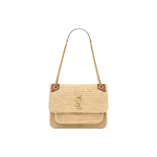 SAINT LAURENT Niki Рафия Сумка через плечо Сумка на плечо Средняя Женская Естественный и Кирпично-красный