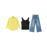 Желтый топ + черный топ с бретелями + синие штаны