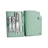 Серебряный металл кусачки для ногтей, 5 предметов, комплект + светло-зеленый вращающийся кожаный чехол