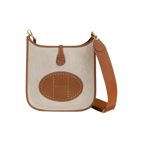 HERMES Evelyne Холст с кожей Clemence Bullock Сумка через плечо Женская Коричневый и Бежевый