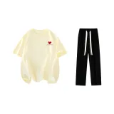 Комплект одежды (Бежевая Желтая Футболка + Черные Повседневные Штаны)