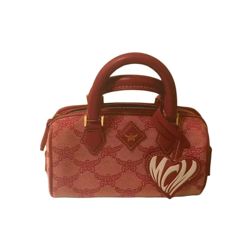 MCM Жаккард с Телячья кожа Комбинированный Бостонская сумка Сумка на одно плечо Мини Женская Красная