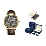 Коричневый кожаный корпус, золотой, серый циферблат + коробка + кожаный ремешок