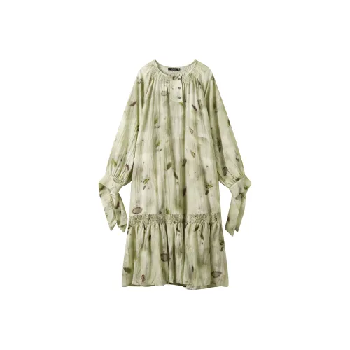 JINGBUTIAN Весенне-летнее длинное платье с длинными рукавами женское зеленое