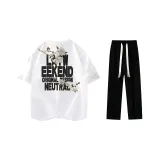 Комплект одежды (Белая Черная футболка с логотипом + Черные повседневные штаны)