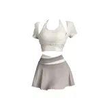 Айвори Белый Короткий рукав + Хаки Короткая юбка