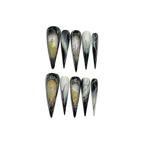 PRETTY NAIL Готический Ink Flame False Nail Острый Тип Черный Белый Smudge Glitter Dragon Claw Четыре Палец Sand