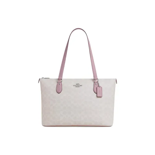 COACH GallerySignature Покрытый холст Тоут Сумка Сумка для покупок Сумка на плечо Большая Женская Белая и Розовая
