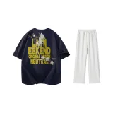 Комплект одежды (Темно-синий, желтый логотип, футболка + бело-серые повседневные штаны Фотиния)