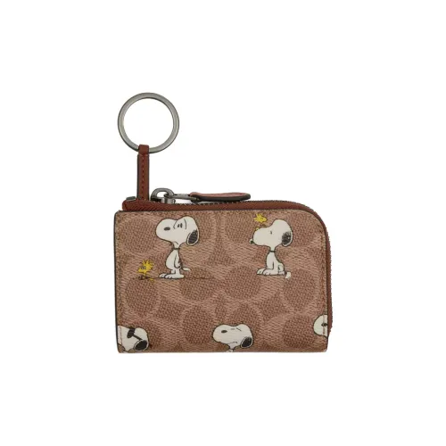 COACH PEANUTS Collaboration Покрытый холст с телячьей кожей Key Pouch Mini Мужской Коричневый