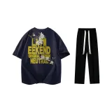 Комплект одежды (Темно-синий, желтый логотип на футболке + черные повседневные штаны)