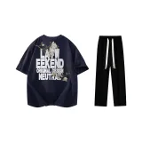 Комплект одежды (Темно-синяя футболка с белым логотипом + черные повседневные штаны)