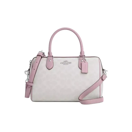 COACH Rowan Покрытый холст Бостонская сумка Сумка на одно плечо Средняя Женская серебряная и белая с гвоздикой